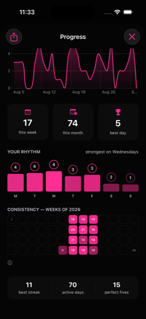 The Progress screen showing a streak, a thirty-day chart and a consistency grid.
