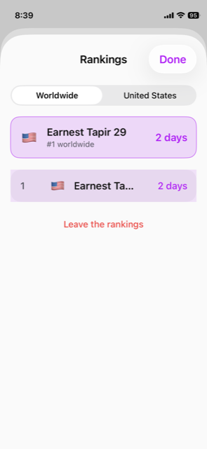 The Rankings board showing a streak ranked worldwide, with a country flag and a generated name.